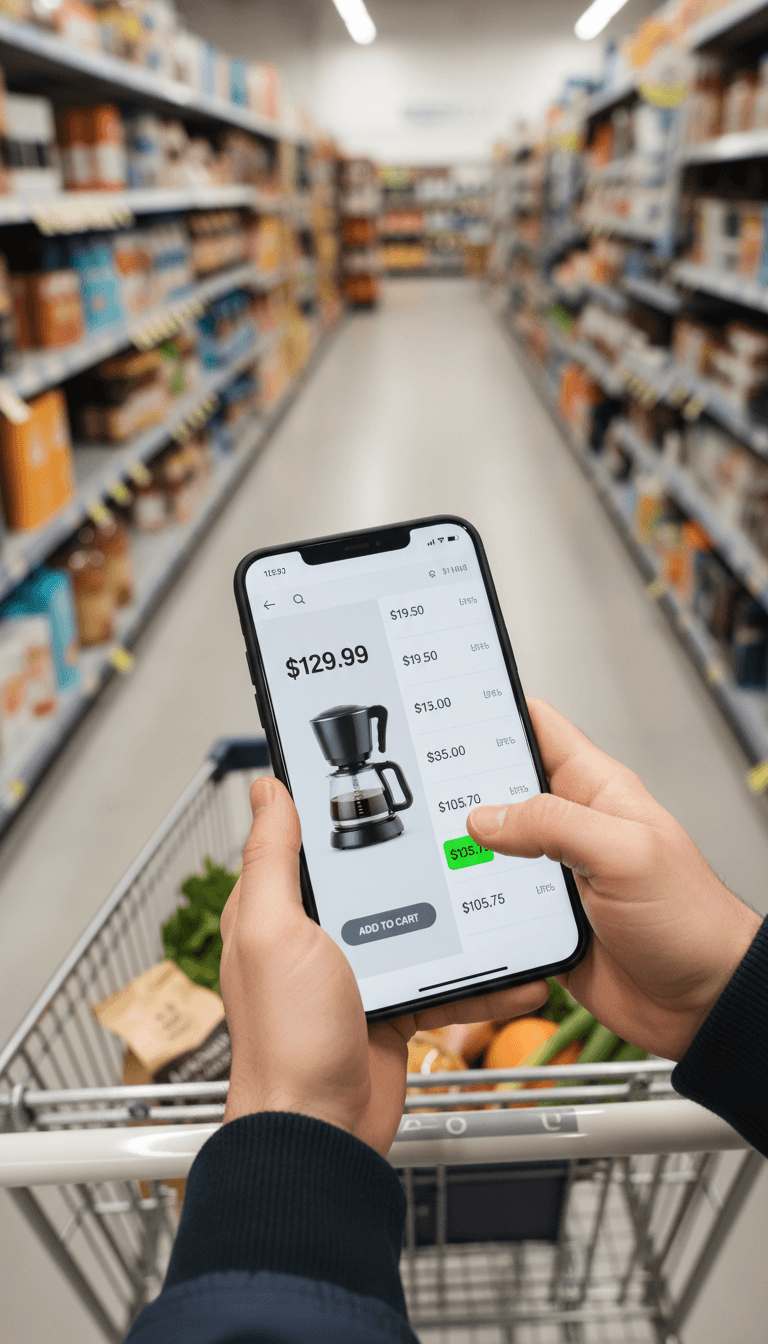Person holding smartphone comparing product prices