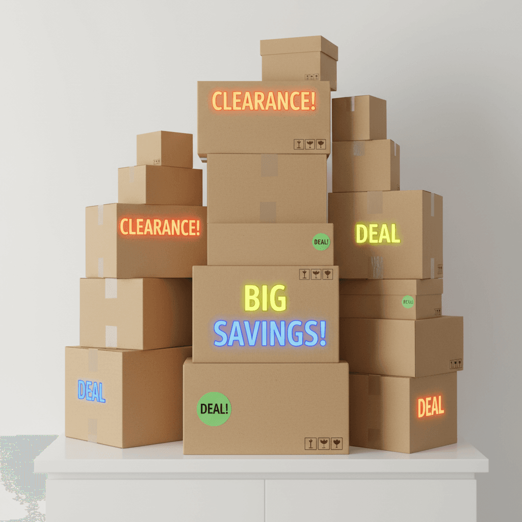 Cardboard shipping boxes with colorful price tags