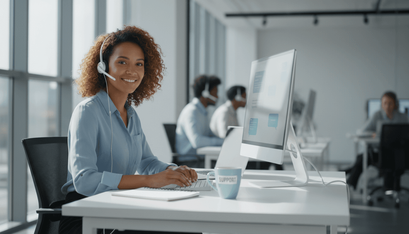 Customer service representative smiling while working at a desk with a computer and headset