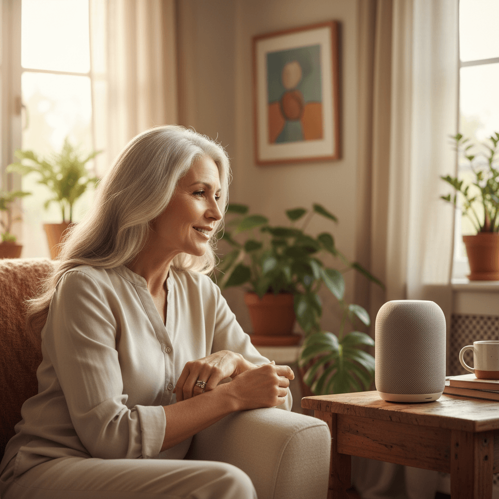Smart speaker on a wooden table in a living room