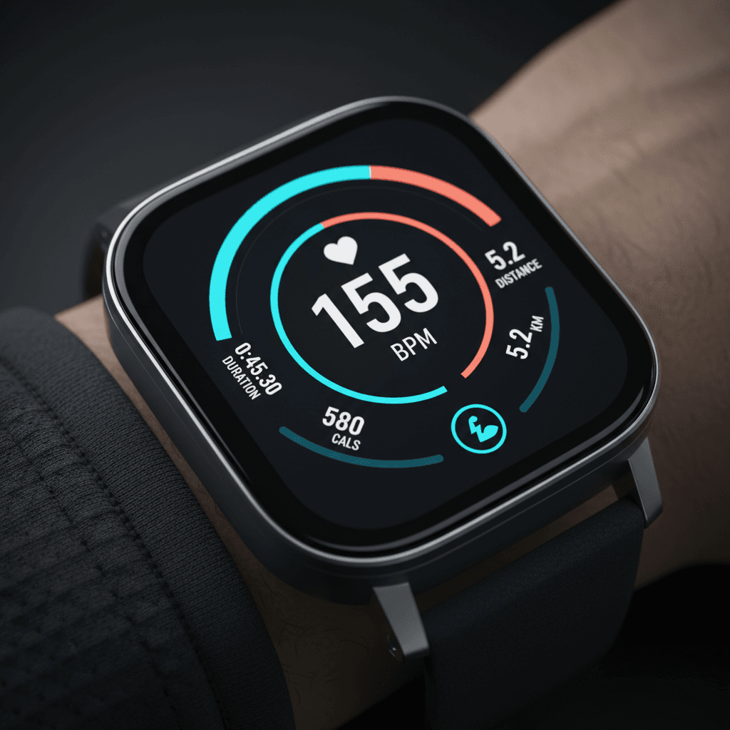 Person wearing smart watch with fitness tracking display