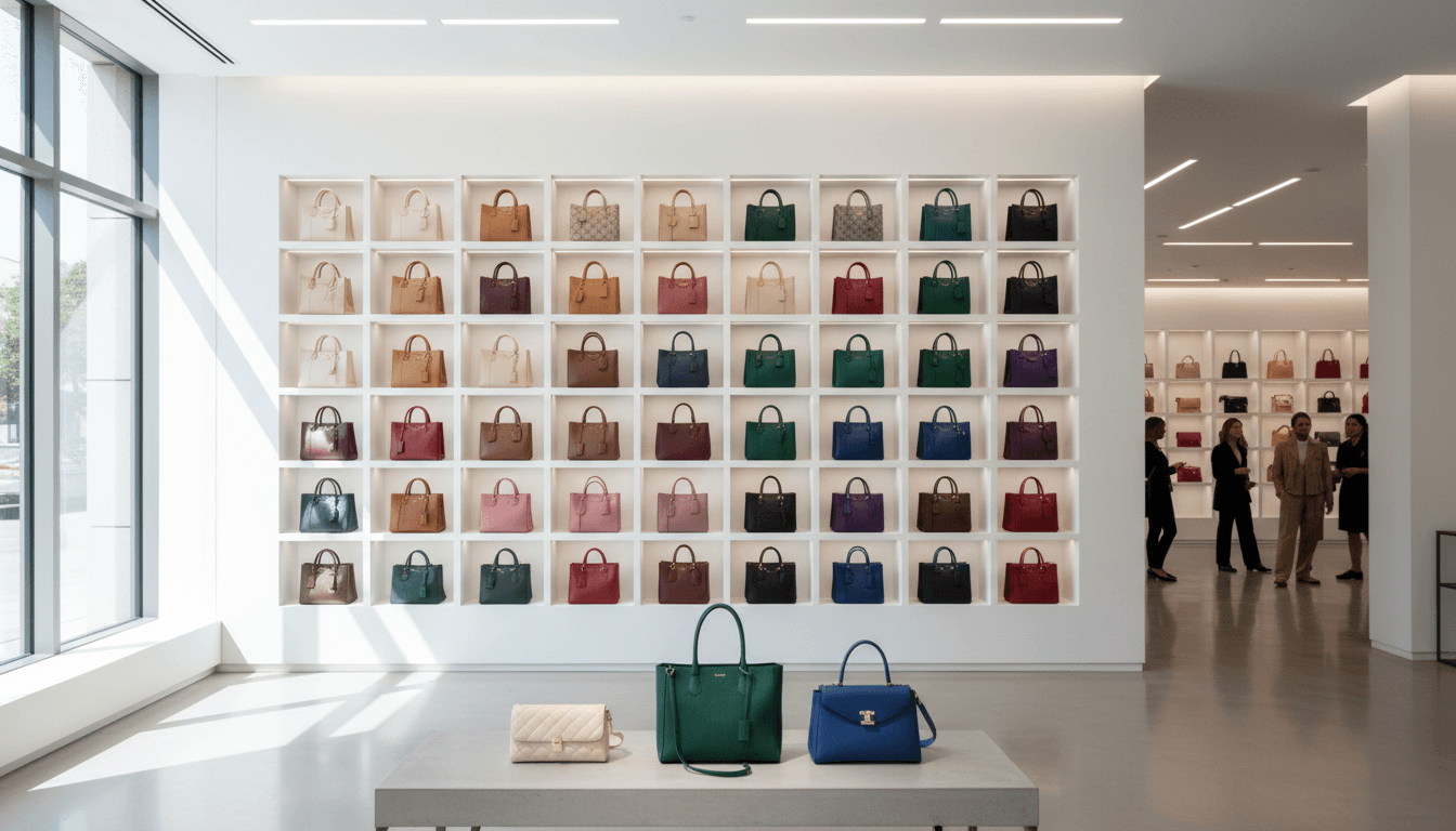 Shopping bags with colorful price tags in a store aisle