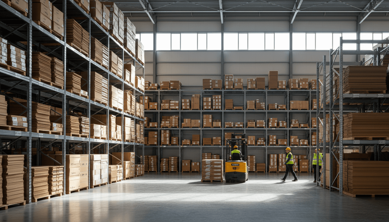 Modern warehouse with cardboard boxes stacked on shelves