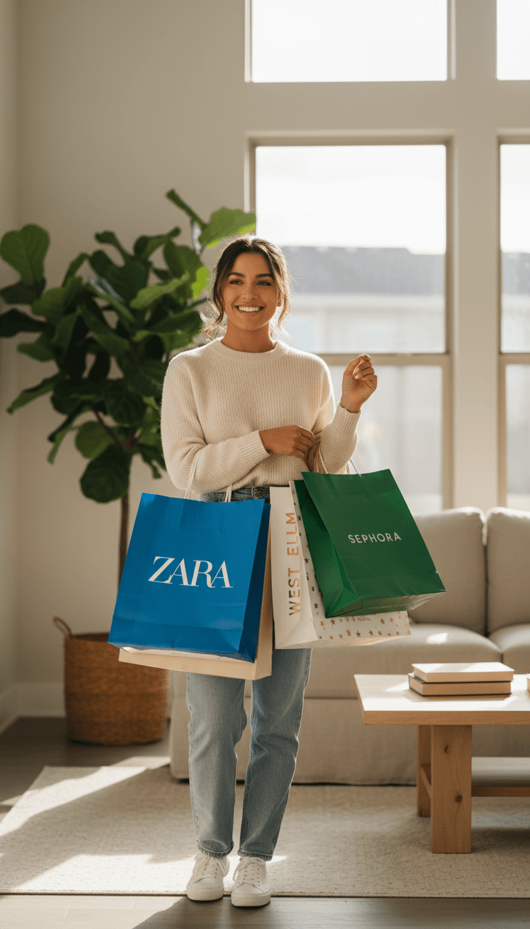 Happy customer holding shopping bags outside a modern retail store