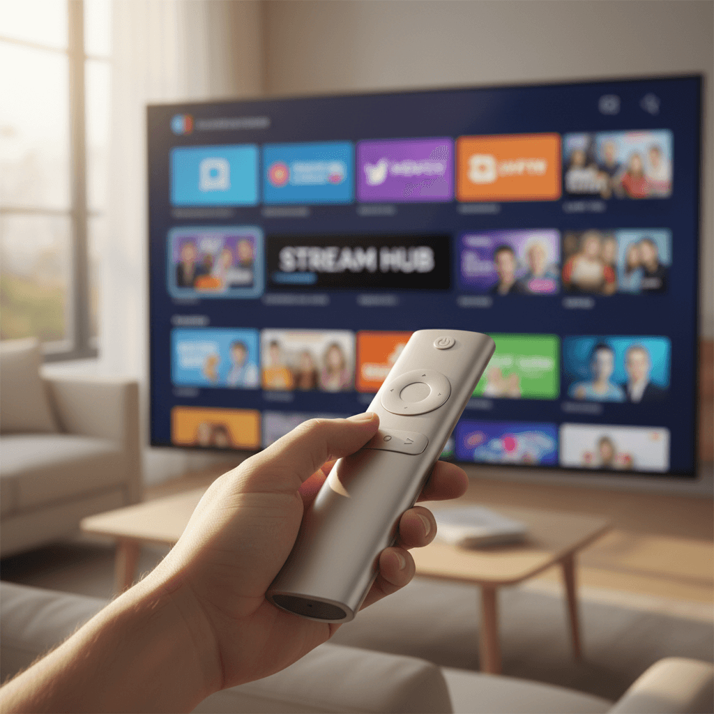 Streaming device plugged into a TV with a remote nearby
