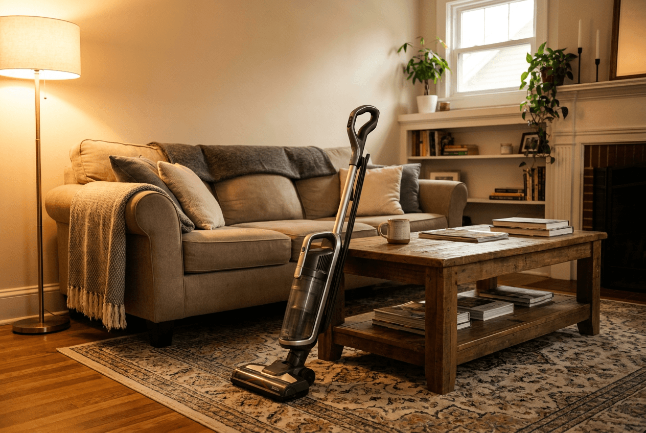 Person vacuuming a carpet with a cordless vacuum